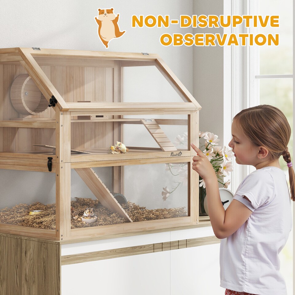 image 1 of PawHut Wooden Hamster Cage w/ Detachable Bottom, Hut, Seesaw, Natural