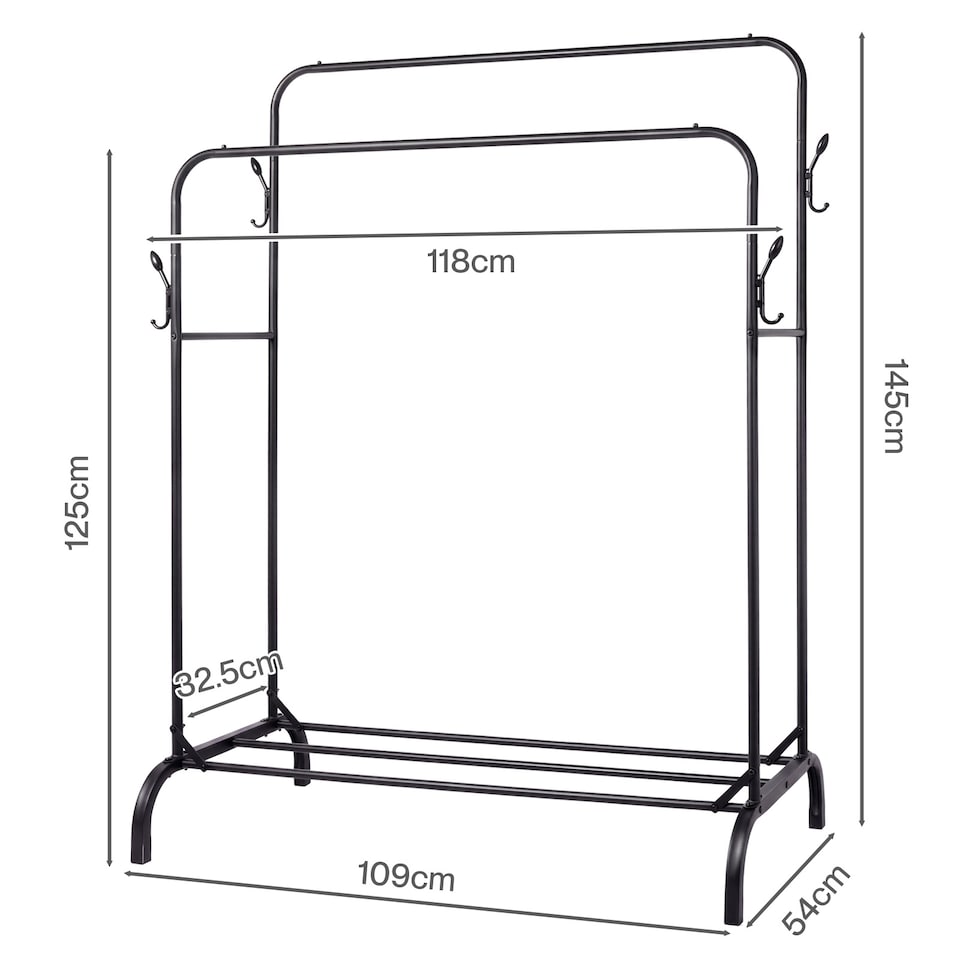 image 1 of Levede Clothes Rail Heavy Duty 2 Rods Carbon Steel Rack with Shelf Bedroom Black