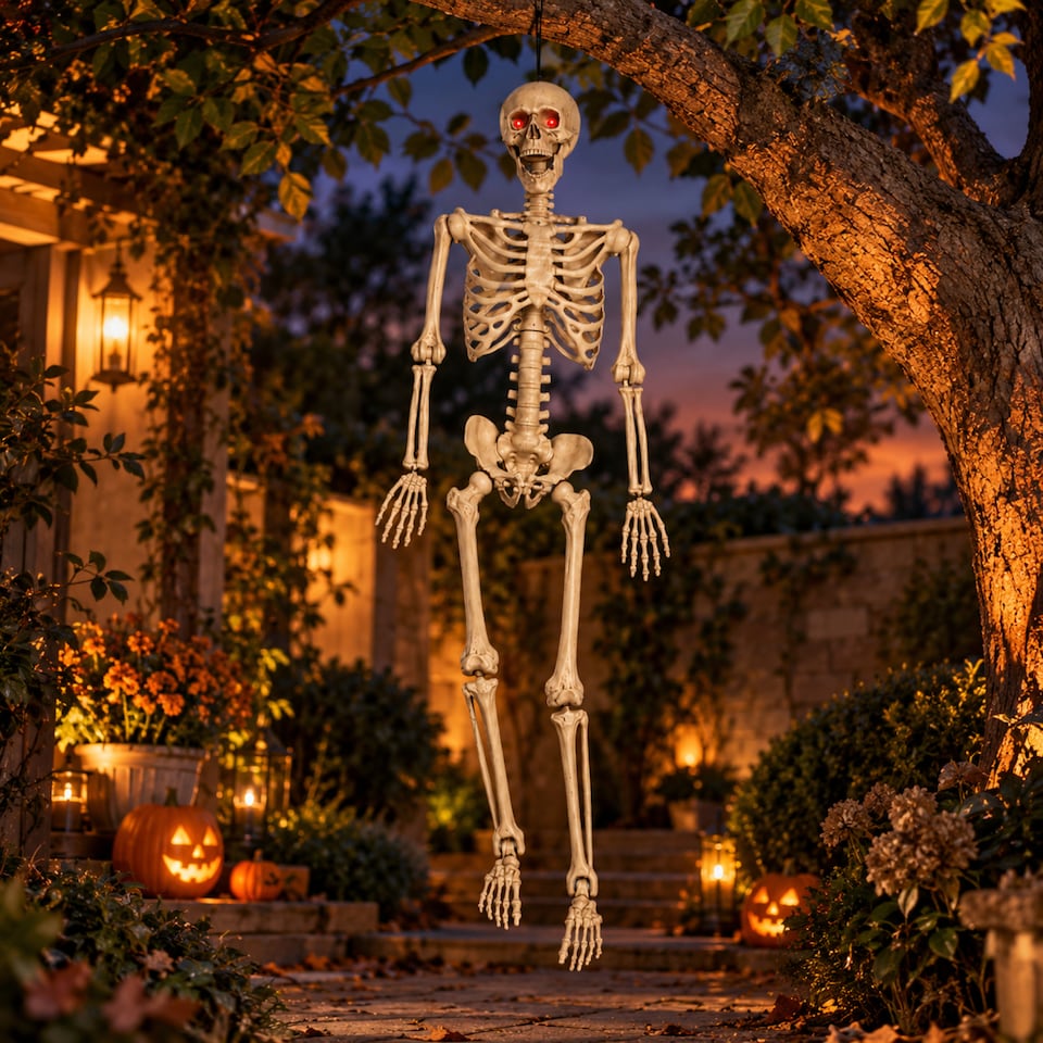 image 1 of 5ft (150cm) Posable Full Body Halloween LED Skeleton Decoration with Movable Joints and LED Eyes