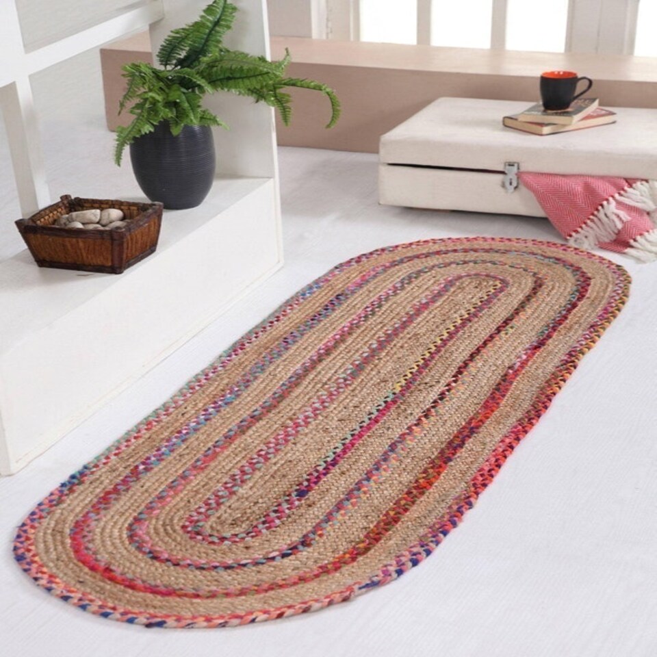 image 1 of FIESTA Oval Rug Braided Hand Woven - Jute - L75 x W120 - Multicolour Multi