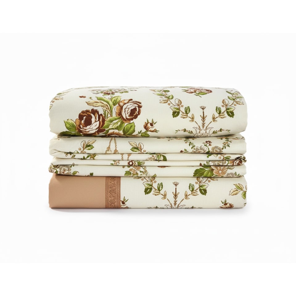 image 1 of Soft Floral Brushed Cotton Fitted Flat Sheet And Matching Pillowcases | Cream | Natural | Single