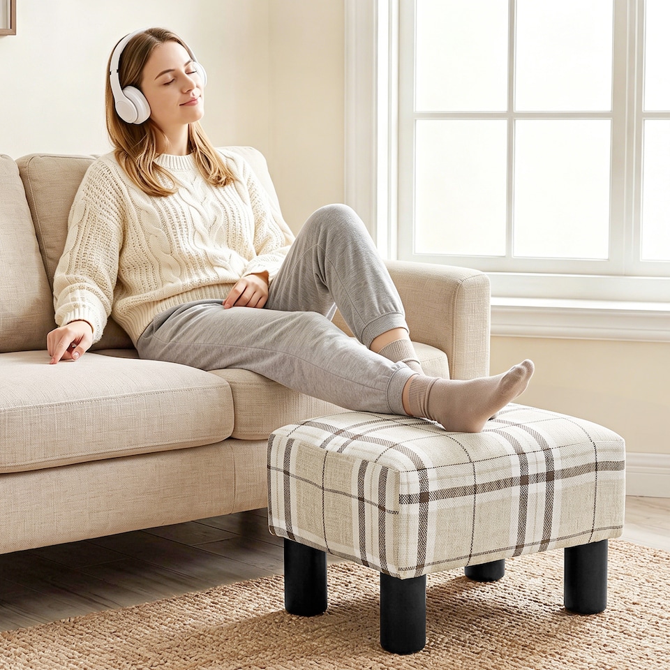 image 1 of HOMCOM Chic Linen Fabric Foot Stool Ottoman Cube with Legs