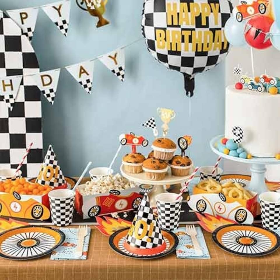 image 1 of Go! Checkered Flag Racing Party Hats 16cm - Pack of 6