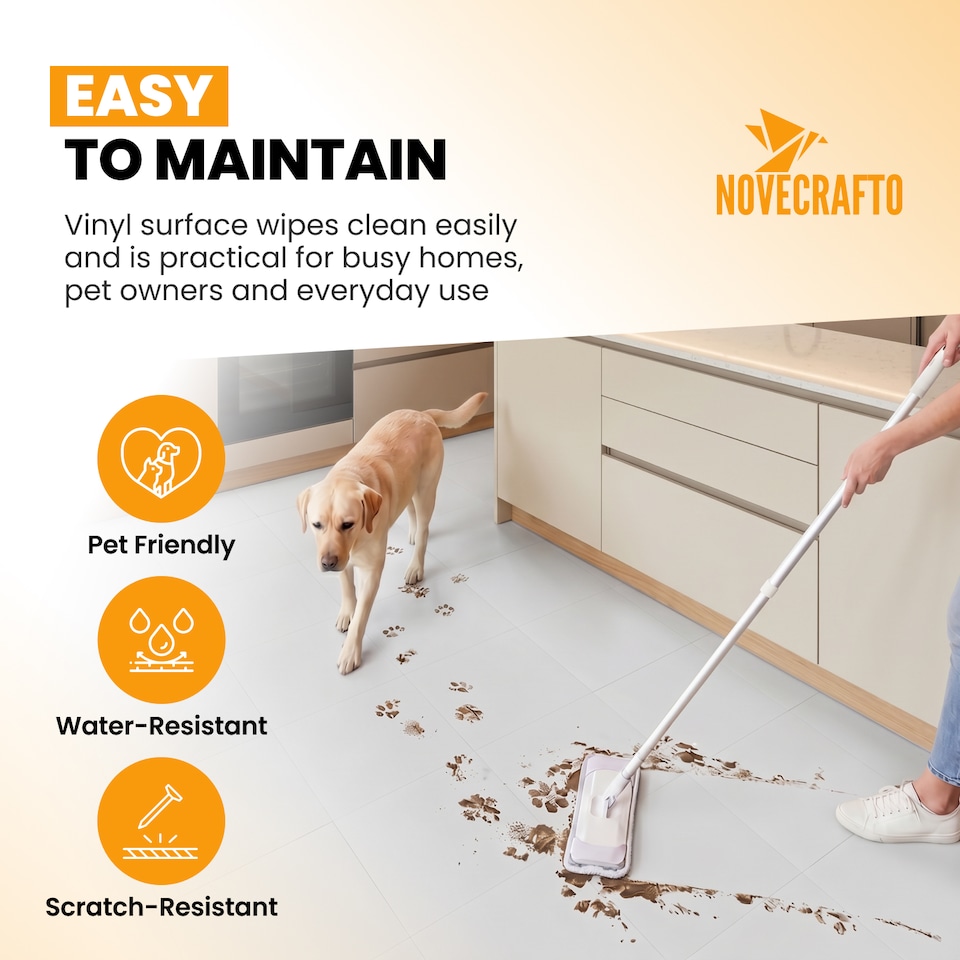 image 1 of NOVECRAFTO Vinyl Floor Tile – Self Adhesive 12x12 in – White Checkerboard – Peel & Stick for Kitchen, Bathroom & Living Room – Waterproof & Easy DIY | White | 5.57 sqm