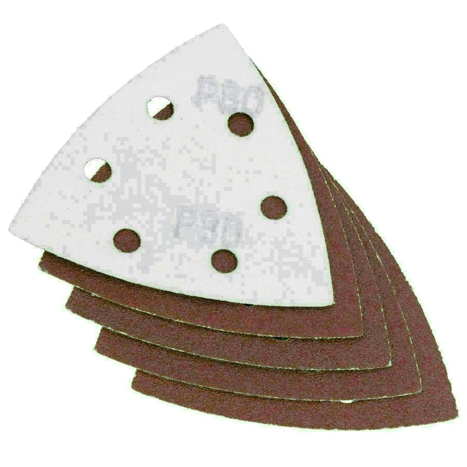 image 1 of Hook Loop Delta Sanding Abrasive Discs Pads 93mm Triangle 80 Grit Medium 5pc