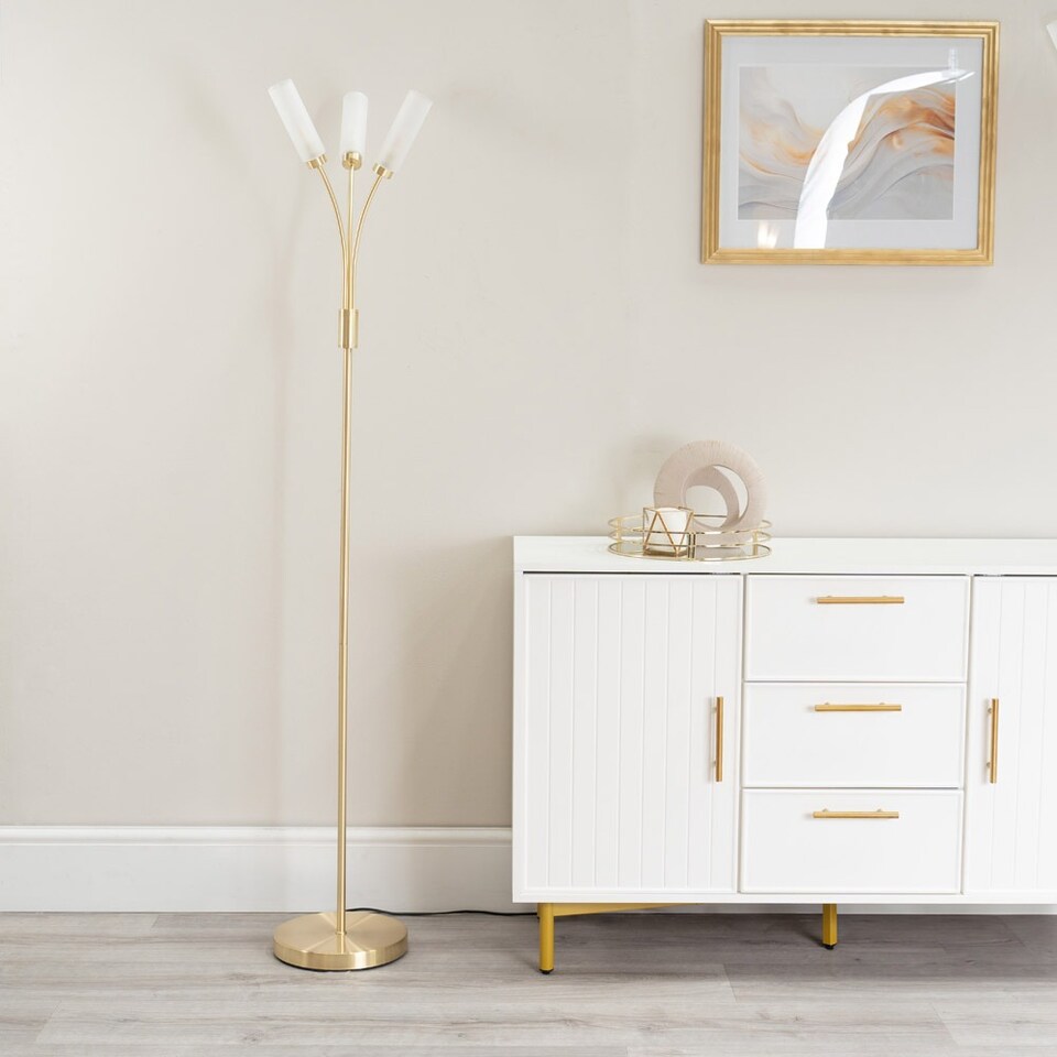image 1 of ValueLights Maya Brushed Gold 3 Way Curved Arm Upright Floor Lamp | Gold