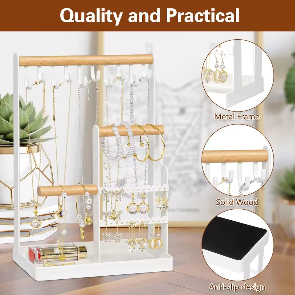 image 1 of Jewellery Stand Holder Wooden Ring Necklace Keys Organizer Tabletop Storage Tray