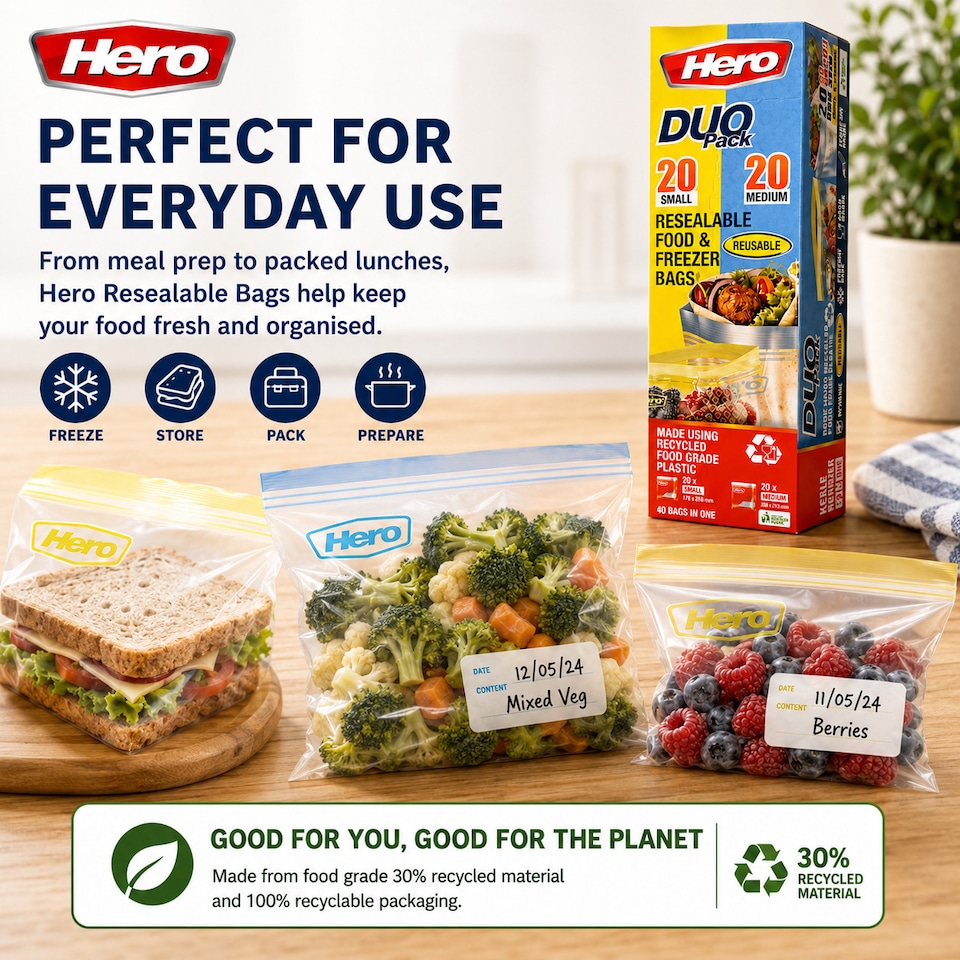image 1 of Hero Resealable Food & Freezer Bags Duo Pack 40 Pack – 20 Small & 20 Medium Reusable Ziplock Food Storage Bags