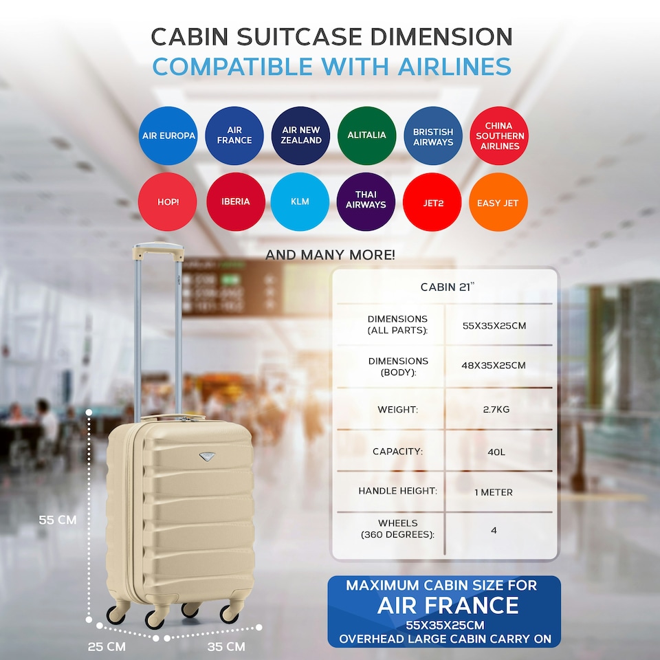 image 1 of 55x35x25cm Air France & KLM Maximum Size Cabin Carry On - Lightweight 4 Wheel ABS Hard Case Cabin Carry On Hand Luggage 35+ Airline Approved Cream | Champagne | Cabin Bag
