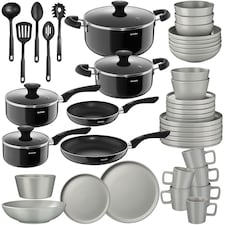 Dinnerware Set for 6 People with Plates, Bowls, Utensils, Pots and Pans | Grey | grey/black | 45 pc | 1