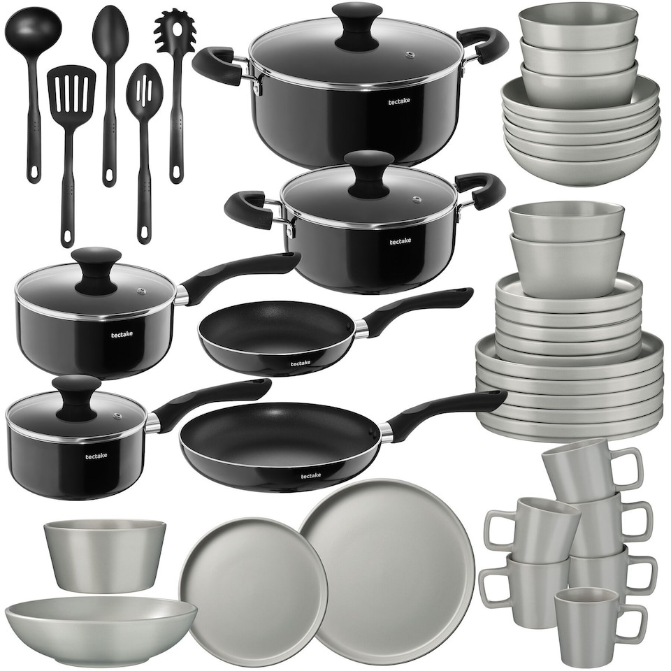 image 1 of Dinnerware Set for 6 People with Plates, Bowls, Utensils, Pots and Pans | Grey | grey/black | 45 pc | 1