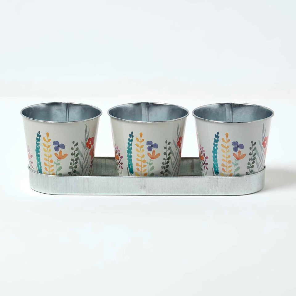 image 1 of Homescapes Set of 3 Herb Pots with Tray, Multi-Coloured Floral Design Multi