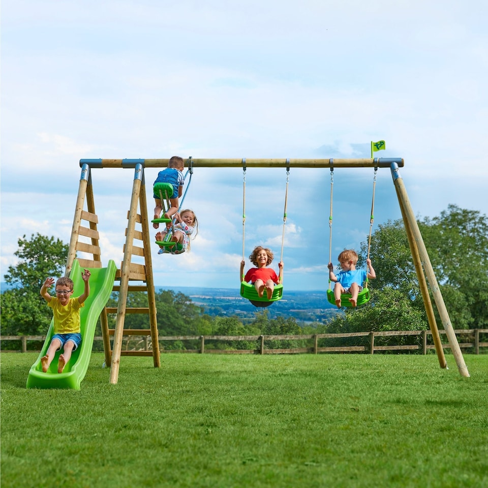 image 1 of TP Knightswood Triple Wooden Swing & 8ft Slide Set