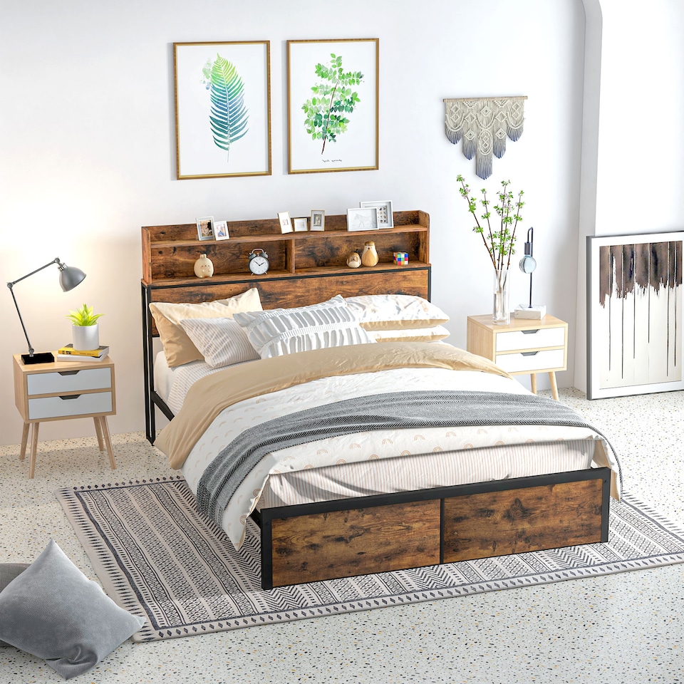 image 1 of HOMCOM Industrial King Bed Frame, 5.2FT Steel Bed Base with Storage Headboard, Footboard, Slatted Support and Under Bed Storage, 158 x 222cm, Rustic Brown