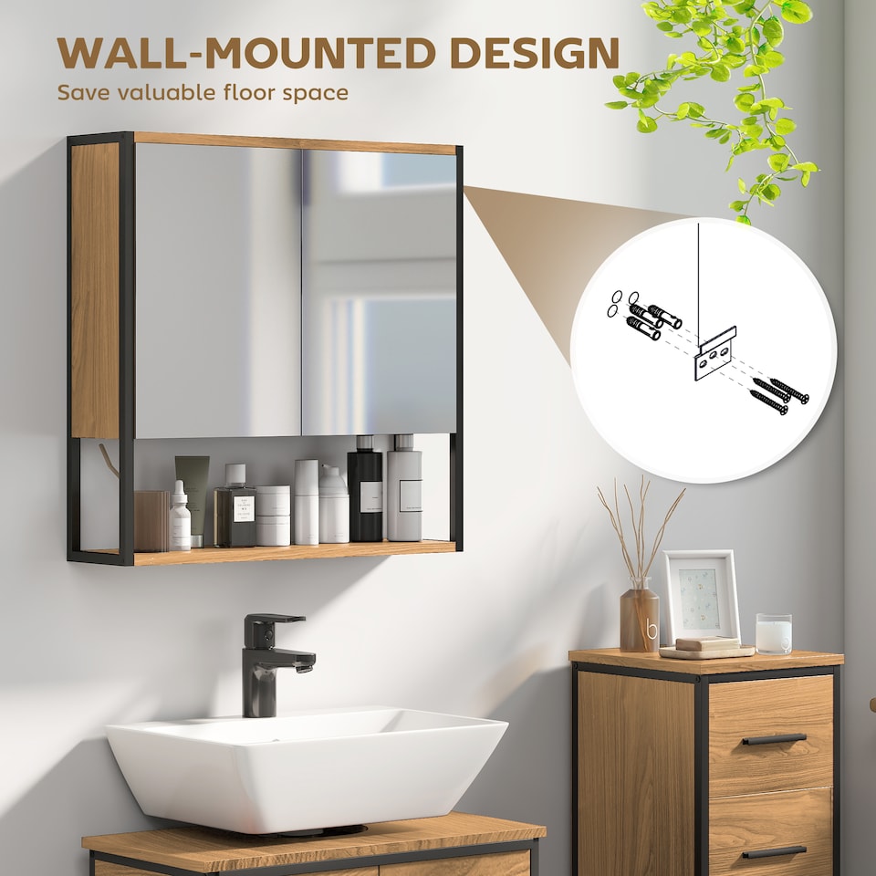 image 1 of HOMCOM Bathroom Mirror Cabinet Wall Mounted with Soft-Close Doors and Adjustable Shelf, Industrial Bathroom Wall Cabinet with Open Storage, 60 x 16 x 60 cm, Natural Wood Finish | Brown | Natural wood finish