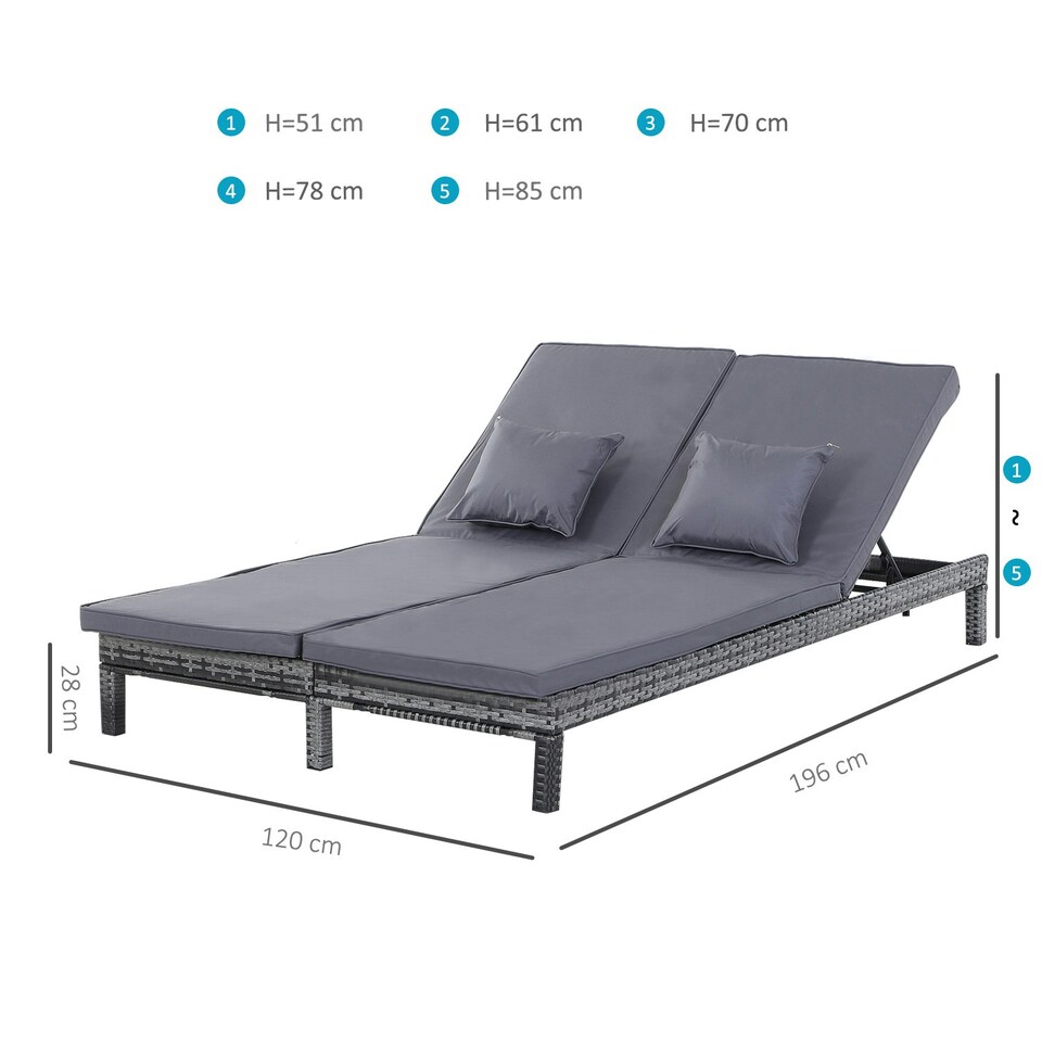 image 1 of Outsunny 2 Person Rattan Lounger Adjustable Double Chaise Chair w/ Cushion Grey