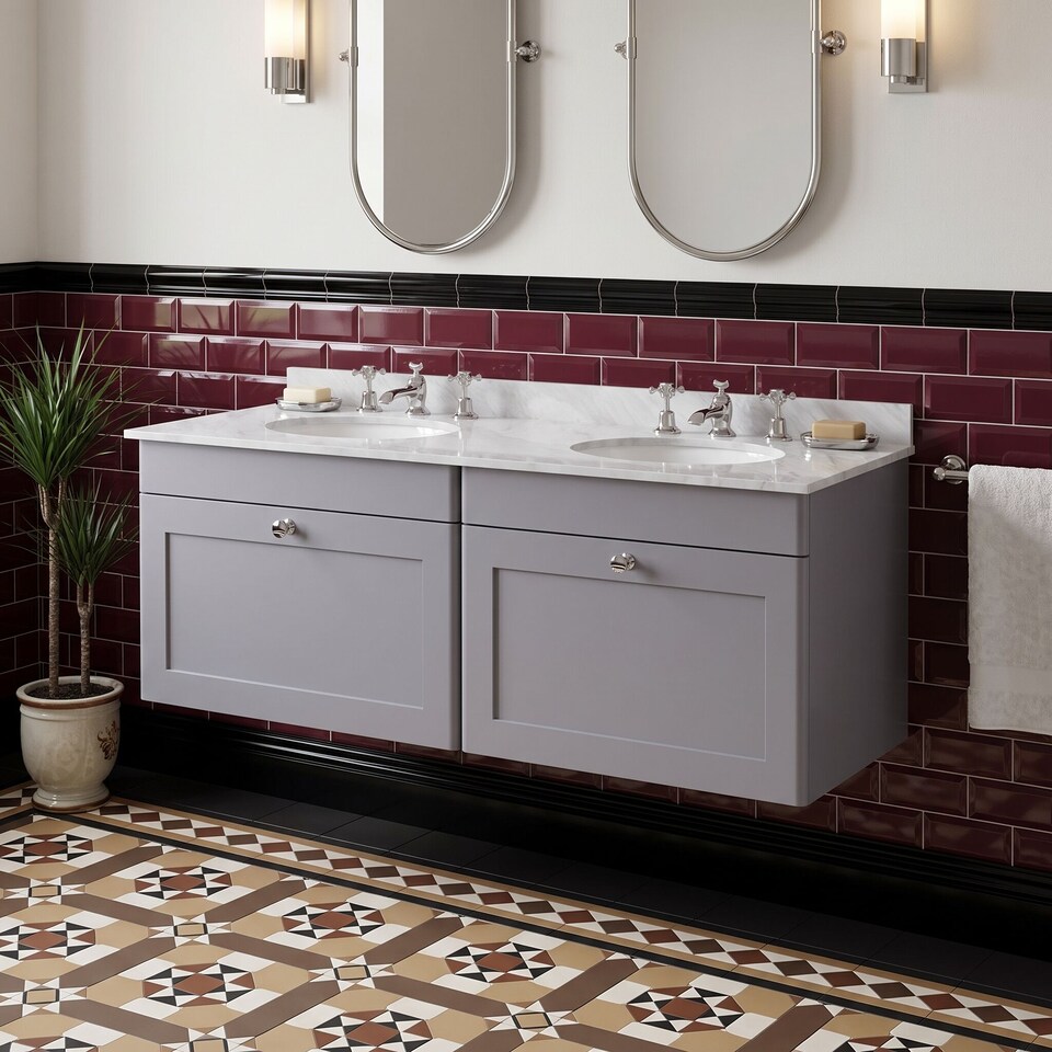 image 1 of Balterley Swynnerton Traditional 2 Drawer Wall Hung Vanity Unit with Double Marble Basin, Satin Grey, 1200mm