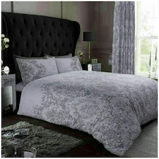 VELVETIO Empire Damask Printed Duvet Cover Set Reversible Polycotton Beddings Grey | Double