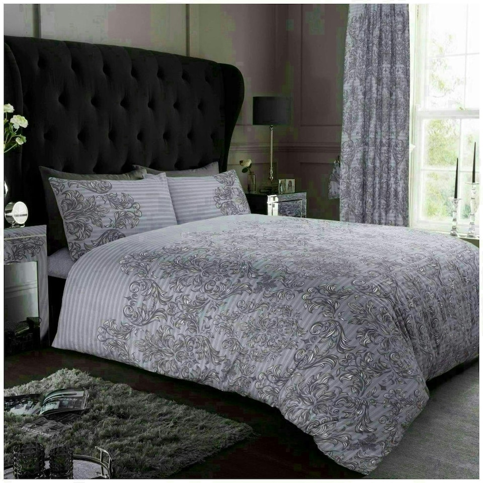 image 1 of VELVETIO Empire Damask Printed Duvet Cover Set Reversible Polycotton Beddings Grey | Double