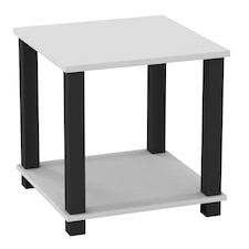 Sandra 2 Tier S-Tube End Table Small Wood Bedside Nightstand With Storage Shelf | Multi | White with Black Legs