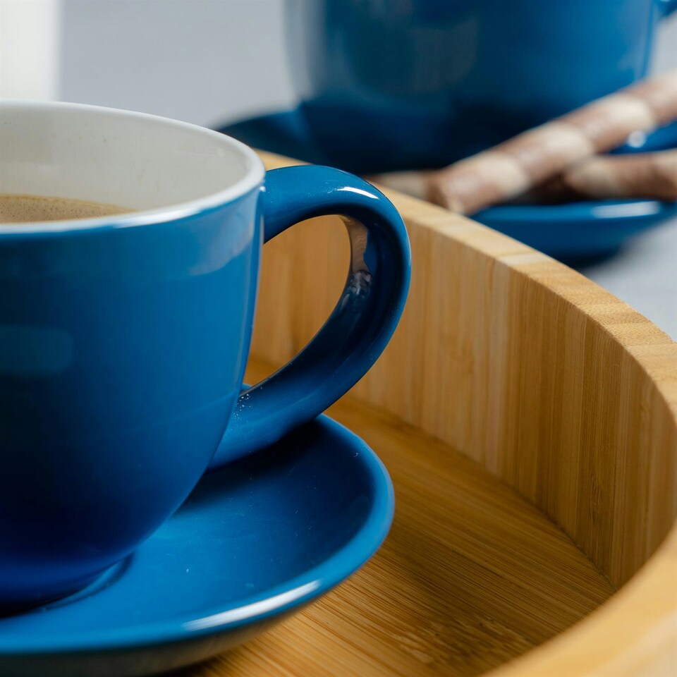 image 1 of Argon Tableware 12pc Coloured Cappuccino Cup & Saucer Set - 250ml - Blue/Yellow - Coffee Cup Latte Cup Drinking Cup