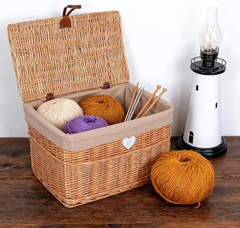 image 1 of Wickerfield Willow Basket and Trunk Chest Hamper with Lid and Cotton Liner for Office and Home Storage in Living rooms, Bedroooms (Medium, Brown)