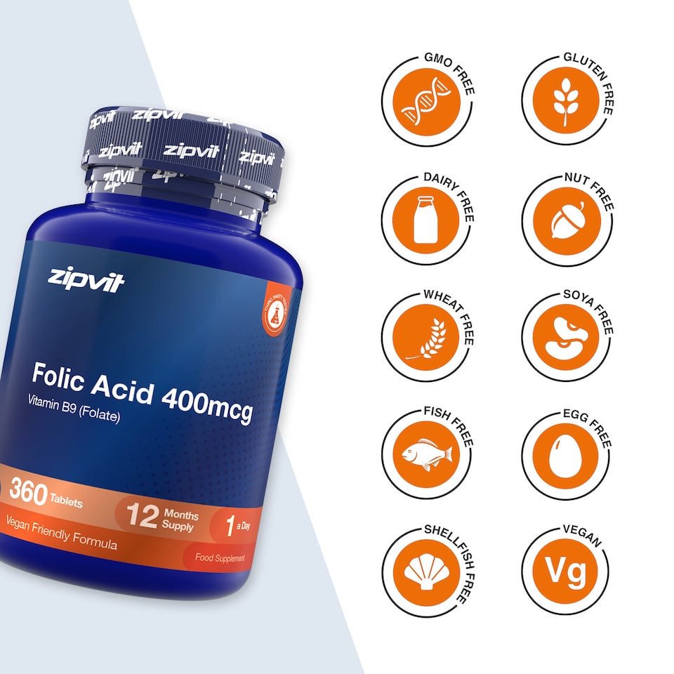 image 1 of Zipvit Folic Acid 400mcg, Pregnancy, Blood & Energy Support, 360 Vegan Tablets, 12-Month Supply