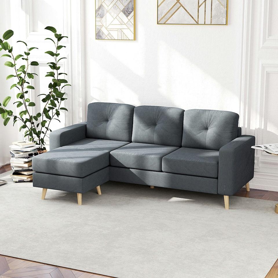 image 1 of HOMCOM 3-Seater L-Shaped Linen Sofa w/ Sponge Seat Back Cushions, Dark Grey Black