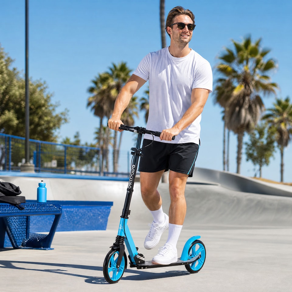 image 1 of HOMCOM Folding Kick Scooter for 14+ w/ Adjustable Height | Red | Blue and Black | 91.5L x 36.5W x 91-104H cm
