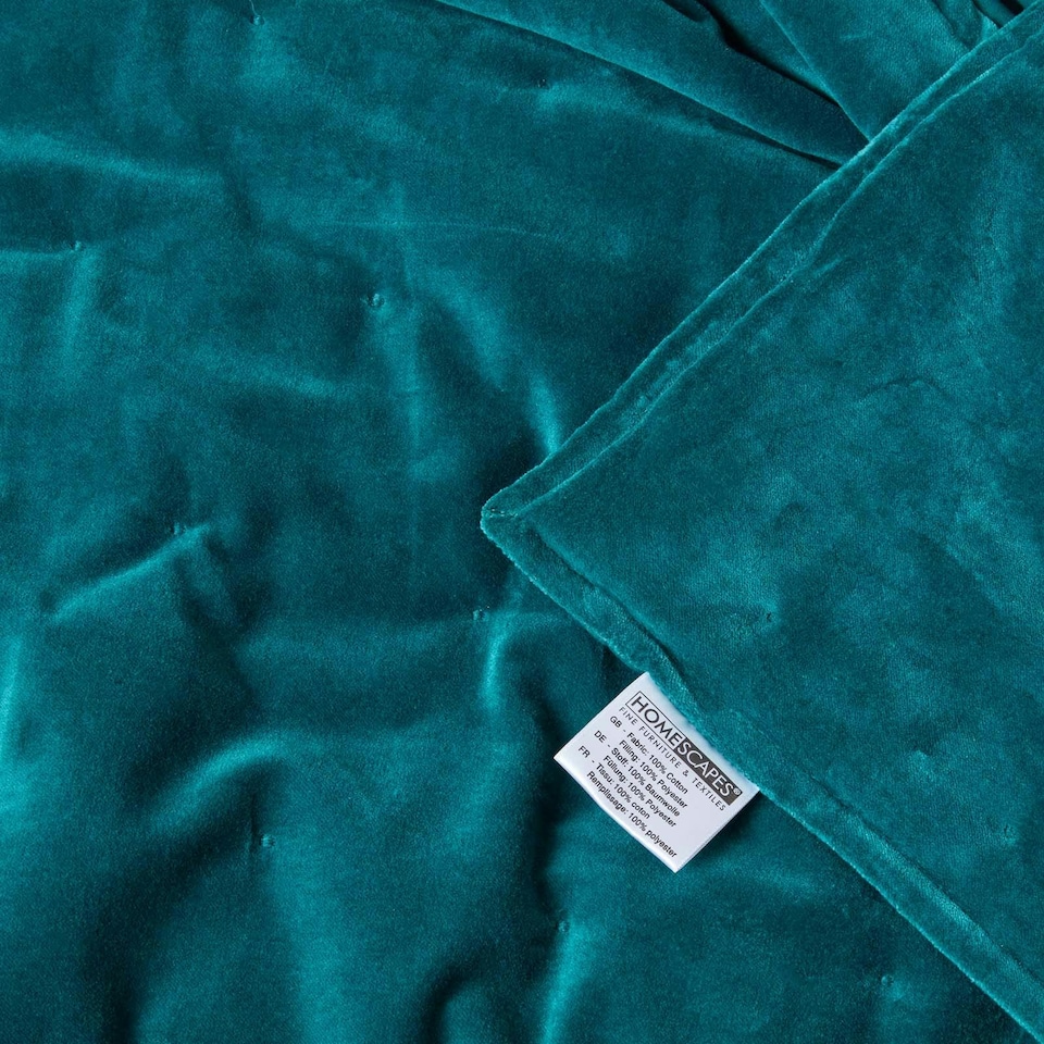 image 1 of Homescapes Teal Green Velvet Quilted Throw - 125 x 150 cm | Green | 1