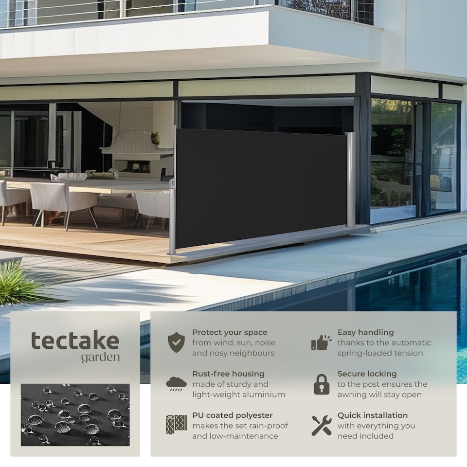 image 1 of Garden Privacy Screen with retractable side awning and aluminium casing | Black | black | 1