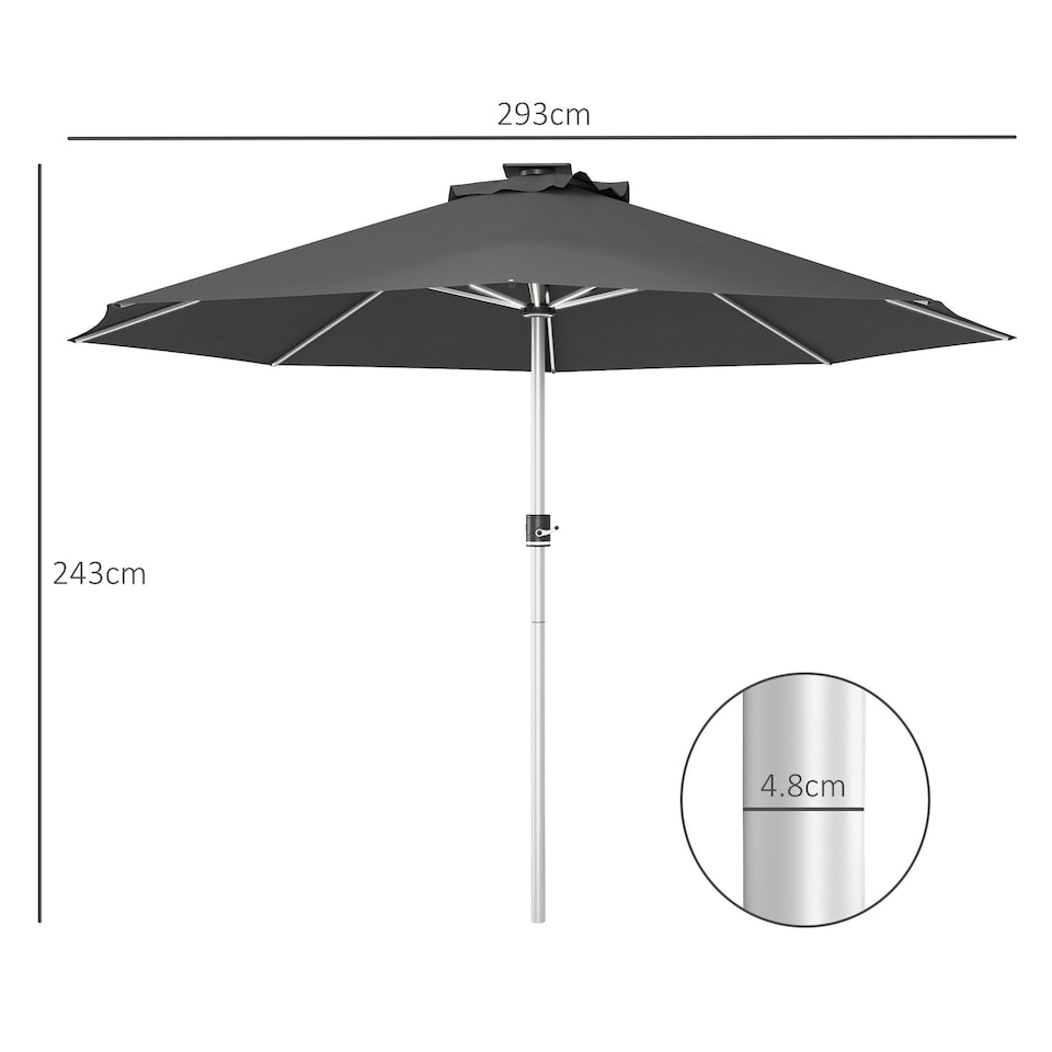 image 1 of Outsunny Solar Patio Garden Parasol with Lights, Charcoal Grey