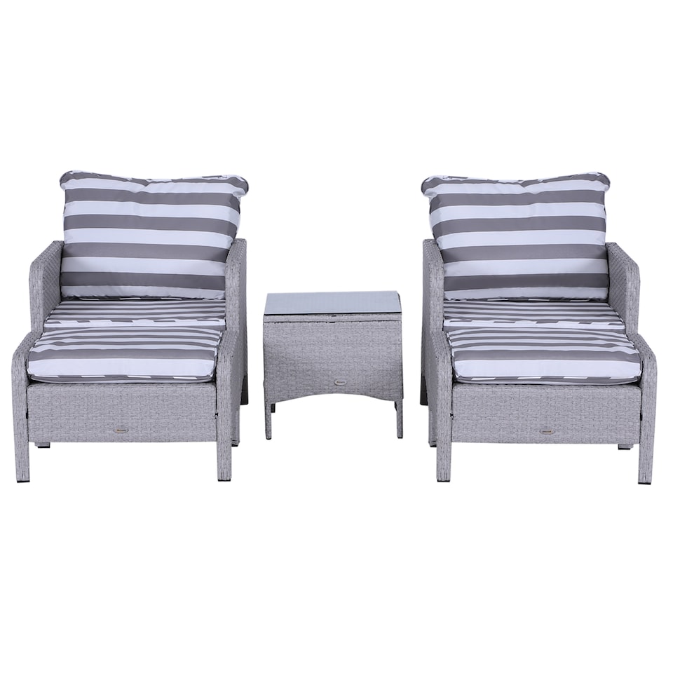 image 1 of Outsunny 5 Pieces PE Rattan Garden Furniture Set with 10cm Thick Padded Cushions, Wicker Weave Outdoor Seating Chairs with 2 Armchairs, 2 Stools, Glass Top Table, Grey and White