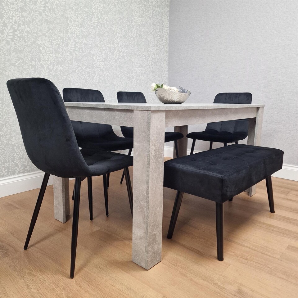 Modern Grey Dining Table with 4 Black Velvet Chairs And Black Bench ...