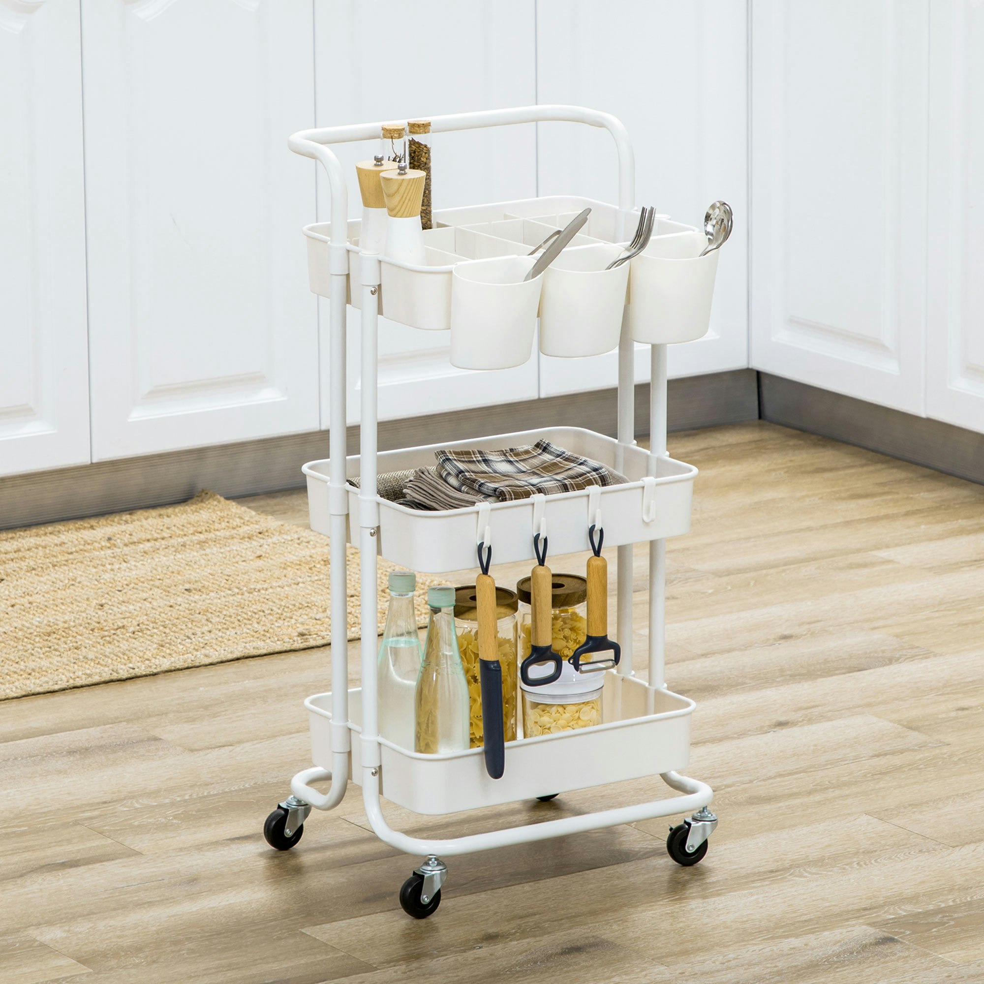 HOMCOM 3-Tier Rolling Kitchen Cart – White Steel & Wood Trolley With 4 Wheels