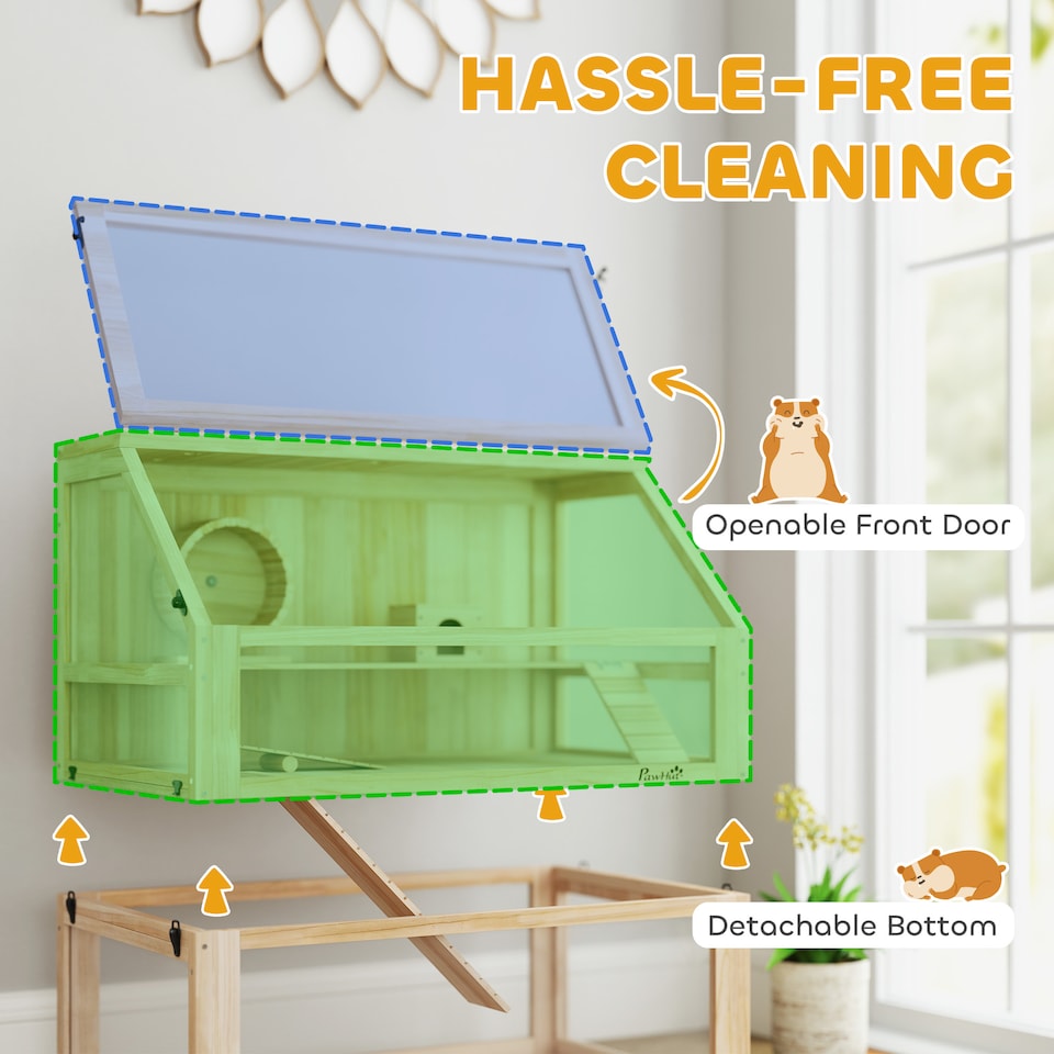 image 1 of PawHut Wooden Hamster Cage, 3 Tier Gerbil Cage with Detachable 31cm Deep Bottom, Hut, Seesaw, Exercise Wheel, Ramps, Natural Wood Finish