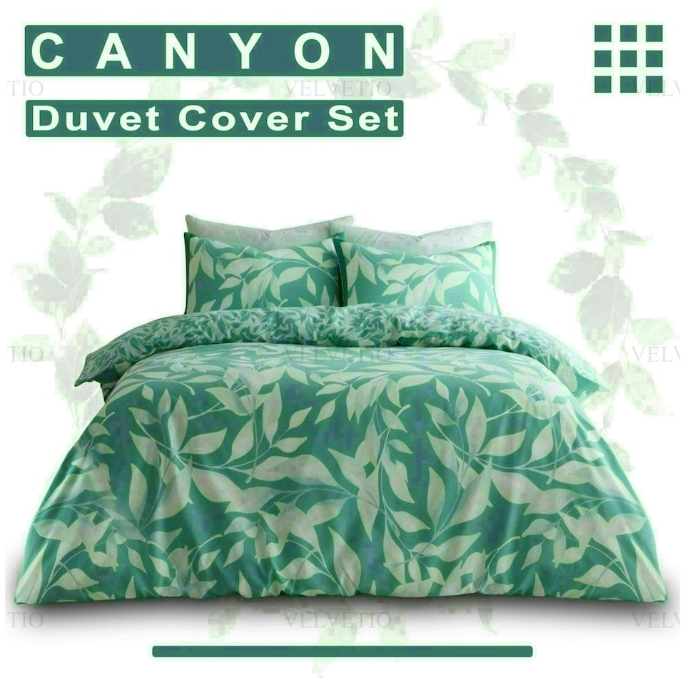image 1 of Canyon Leaf Printed Duvet Cover Set Reversible Polycotton Beddings Green | Double