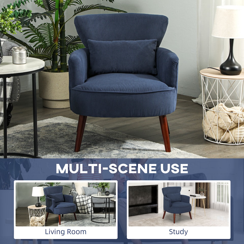 image 1 of HOMCOM Modern Armchair, Upholstered Corduroy Accent Chair with Thick Padded Seat, Lumbar Pillow, Rubber Wood Legs, Cuddle Chair for Living Room Bedroom Office, Blue