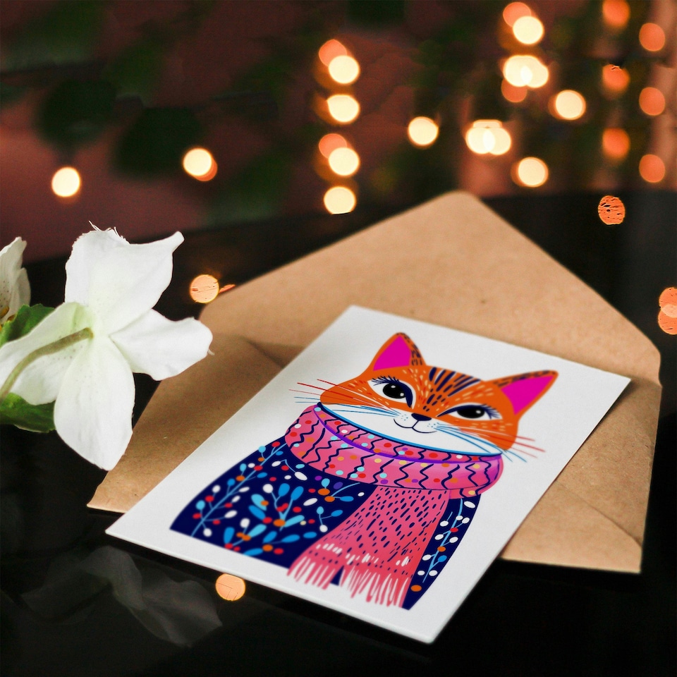 image 1 of Greeting Card Tabby Winter Floral Jumper Pink Scarf Cat Lover For Her Woman Xmas Christmas Card