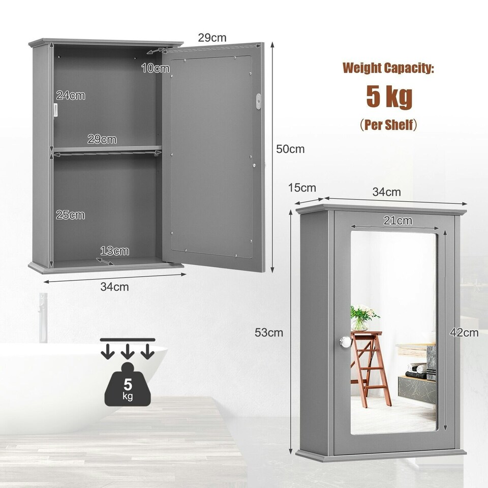 image 1 of COSTWAY Bathroom Mirror Cabinet Wall Mounted Storage Grey Grey