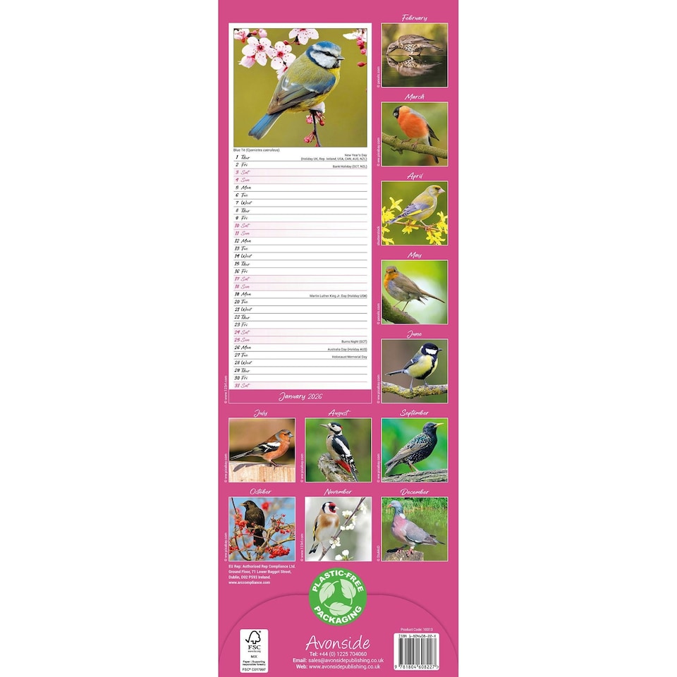 image 1 of Garden Birds Slim 2026 Calendar | Slimline Wall Calendar | Bird Gift | Plastic Free Packaging | by Avonside Publishing [Calendar] Avonside Publishing Ltd