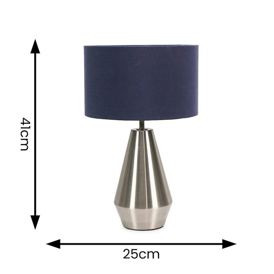 image 1 of ValueLights Jax Brushed Chrome Metal Dimmable Touch Table Lamp with Navy Blue Fabric Drum Shade with LED Bulb