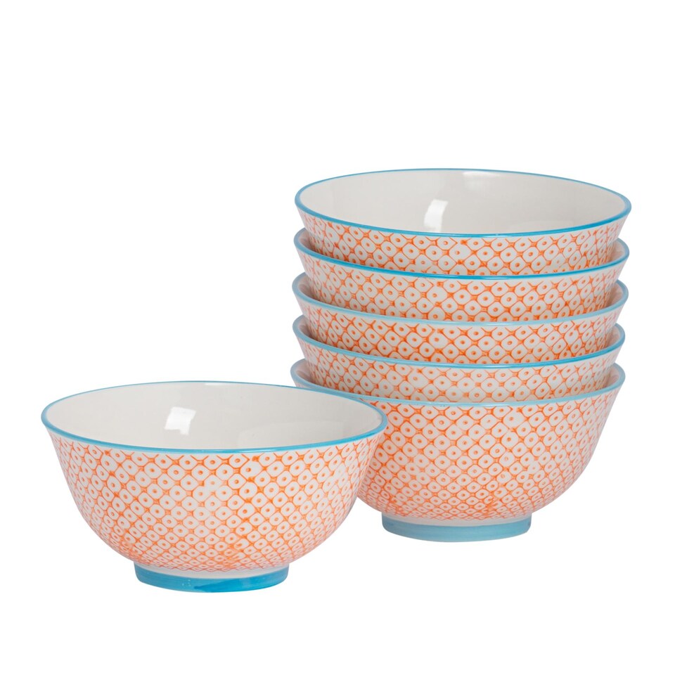 image 1 of Nicola Spring Hand-Printed Cereal Bowls - 16cm - Red - Pack of 6 | Multi | Multi