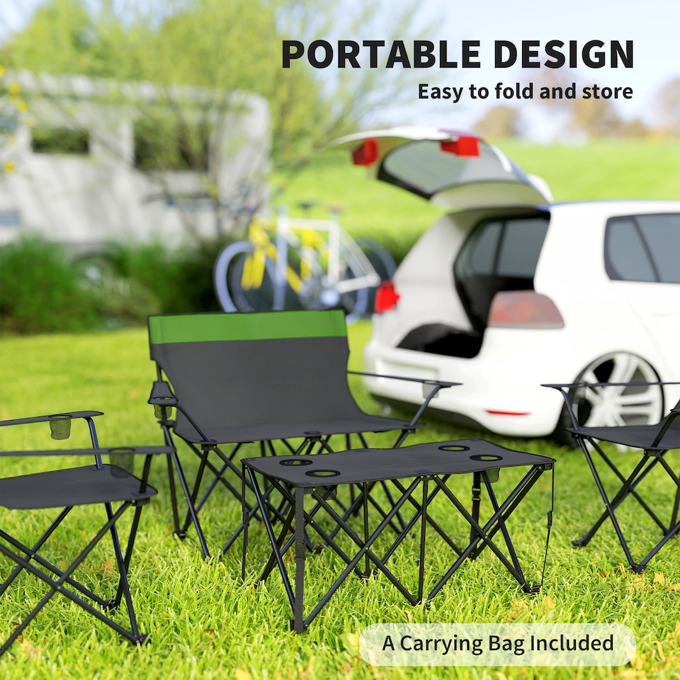 image 1 of Outsunny 4 Piece Foldable Camping Table and Chairs Set, Portable Picnic Table with 3 Chairs, Cup Holders and Carrying Bag, Outdoor Lightweight Table Set for BBQ, Picnic, Parties, Olive Green