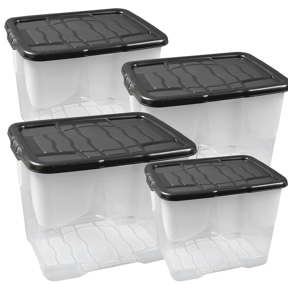 image 1 of Pack Of 5 Strong 24 Litre Clear Transparent Base Stackable Curve Underbed Plastic Storage Boxes With Black Lids Clear
