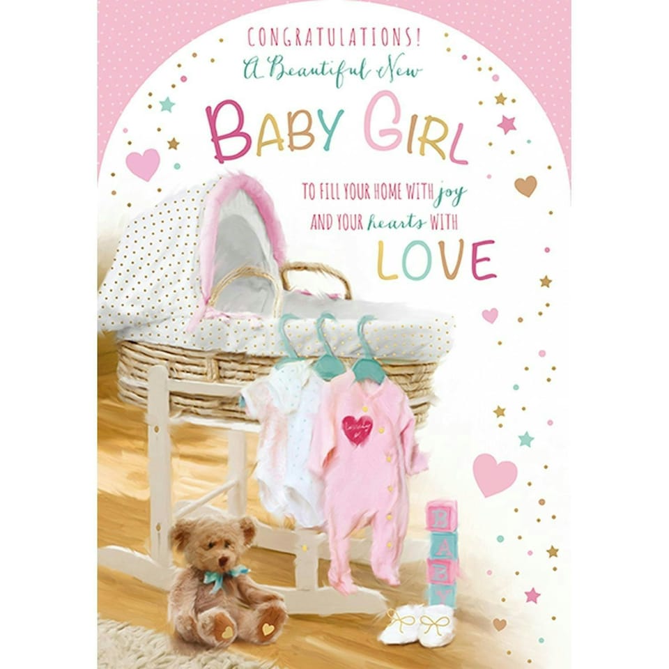 Words 'n' Wishes Traditional Beautiful New Baby Girl Birth Card, Pastel Pink, UK Made