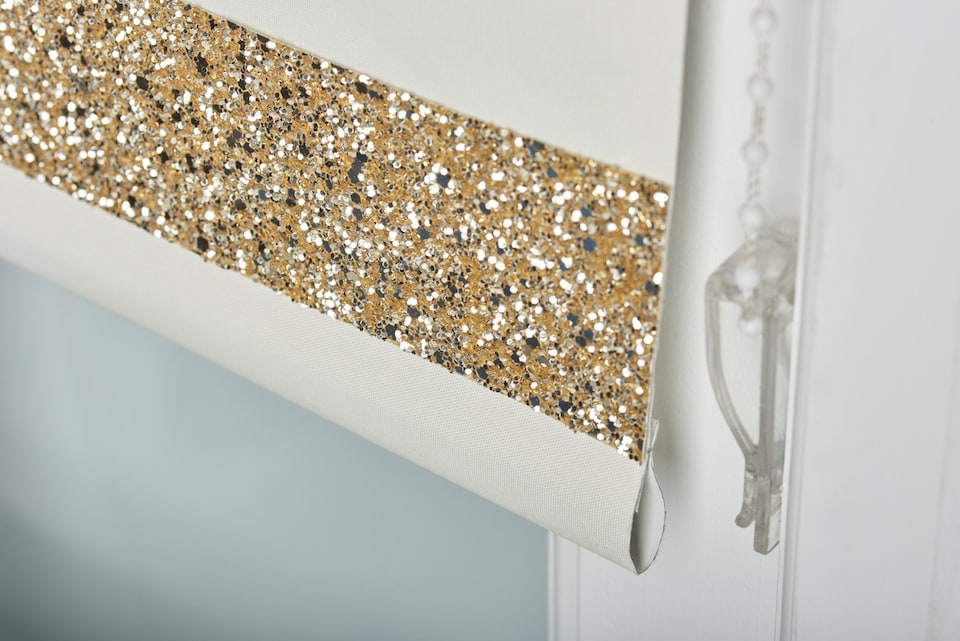 image 1 of FURNISHED Blackout Roller Blind with Gold Glitter Trim and Cream Bow Trimmable Window Shade | Cream | Cream | (W) 230cm x (L) 210cm