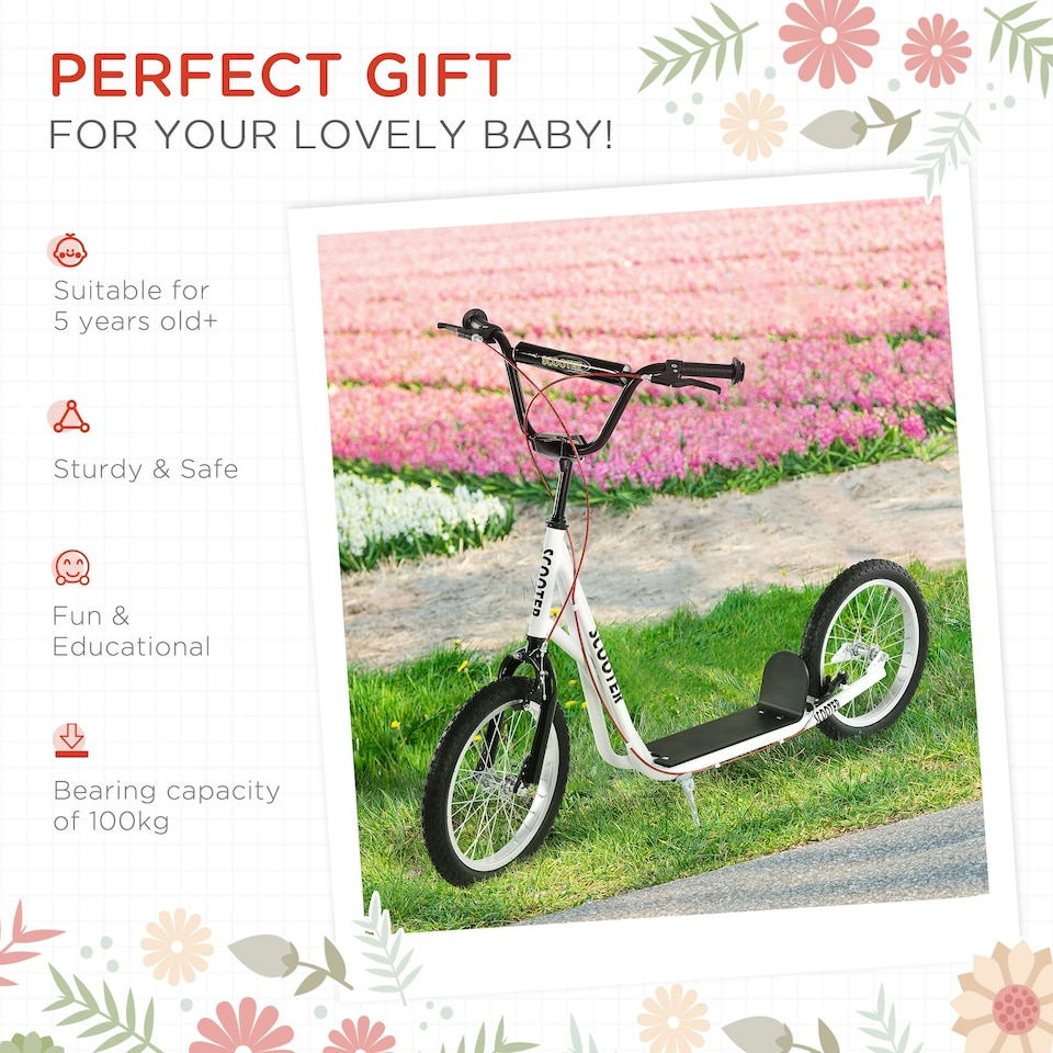 image 1 of HOMCOM 90-96cm Kids Kick Scooter w/ Adjustable Handlebar Inflatable Wheels White