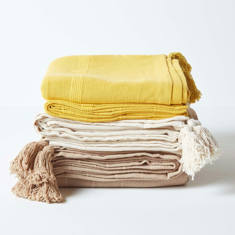 image 1 of Homescapes Cotton Rajput Ribbed Yellow Throw - 225 x 255 cm Yellow