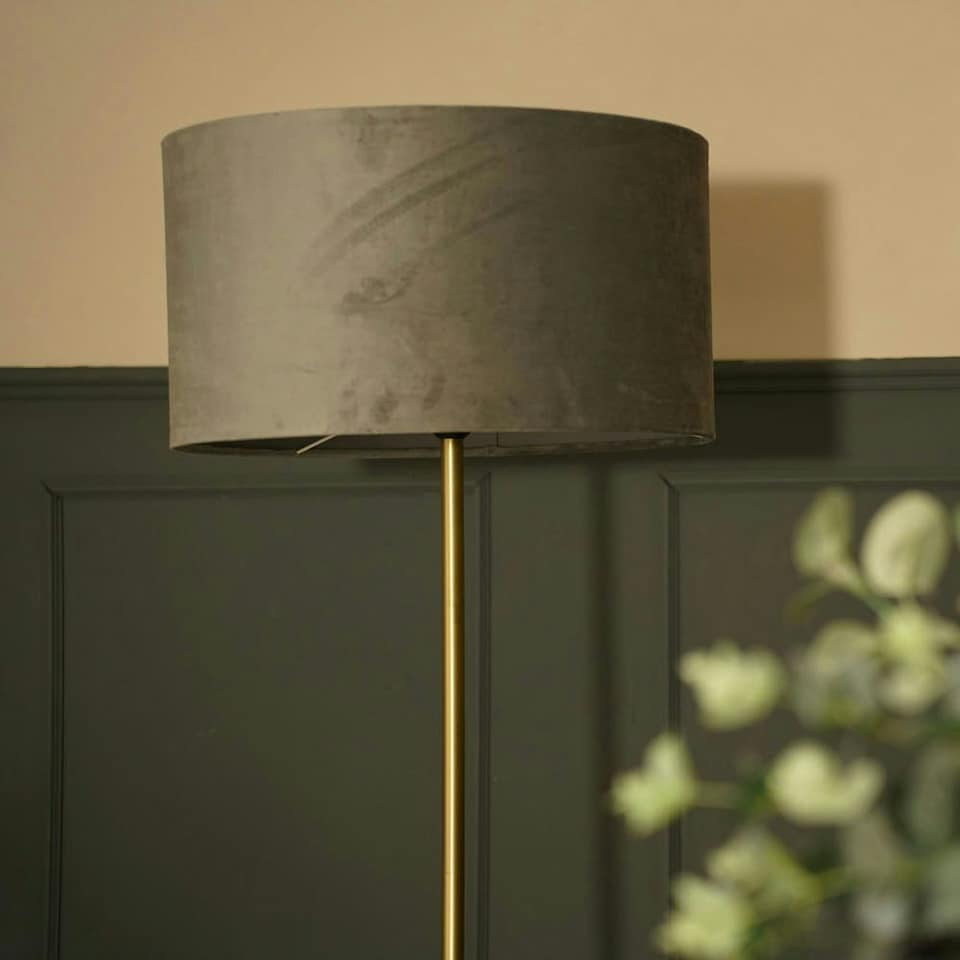 image 1 of ValueLights Tavel Brushed Gold Floor Lamp with Large Grey Drum Shade and LED Bulb